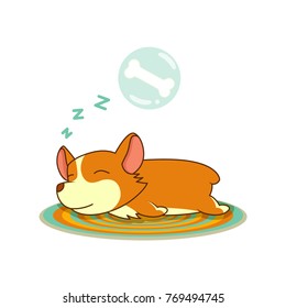 Welsh corgi vector image isolated in white background. Small sleeping funny animal. Hand drawn puppy.