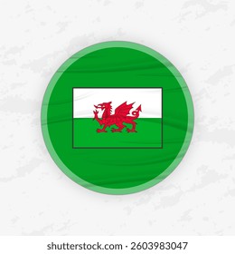 Welsh Flag in a Circular Emblem Design, Abstract Round Sticker Illustration. This high-quality vector graphic is perfect for use in patriotic designs, international events, sport competitions.