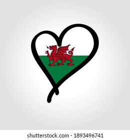 Logo dibujado a mano con forma de corazón con la bandera galesa. Ilustración vectorial.