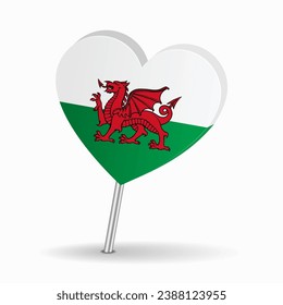 Welsh flag heart-shaped map pointer layout. Vector illustration.