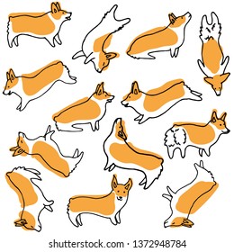 Welsh Pembroke Corgi breed dogs. Hand Drawn pen Doodle Set. Colored in Vector. Isolated on white