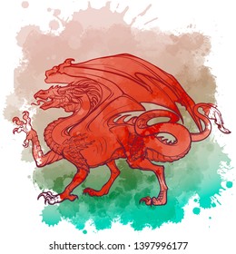 The Welsh Red Dragon on a grunge watercolor textured spot painted in a colors of Welsh national flag. Design for a tattoo, textile print or touristic collaterals. EPS10 vector illustration