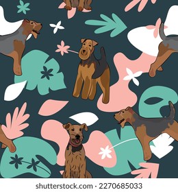 Welsh terrier dog wallpaper with leaves, palms, flowers, plants. Pastel green, pink, navy.Holiday abstract natural shapes. Seamless floral background with dogs, repeatable pattern.Birthday wallpaper. 