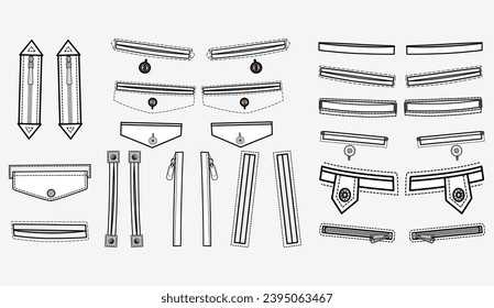 Welt and jetted Trouser pocket flat sketch vector illustration set, different types of Clothing Pockets for jeans pocket, denim,Chino pants, cargo pants, dresses, garments, Clothing and Accessories