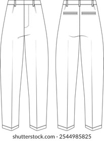 with welt pockets high rise waist darted tailored tapered straight carrot pant trouser template technical drawing flat sketch cad mockup fashion man design style model 