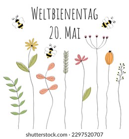 Weltbienentag 20. Mai - text in German language - World bee Day May 20th. A day for species protection of bees. Poster with lovely drawn bees and flowers.