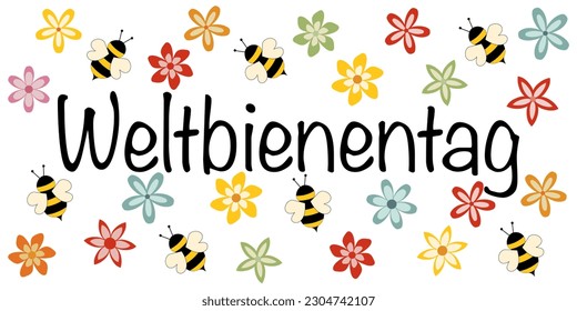 Weltbienentag - Text in German - World Bee Day. A day for species protection of bees. Banner with bees and colorful blossoms.