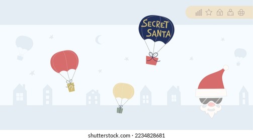 Wen Banner Template, page with vector illustration about Secret Santa event. Gift delivering, text.