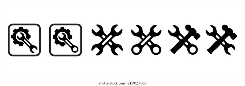 Wench and hammer icon set. Crossed wrench tool with ratchet vector icon set. Symbol and sign of mechanic job, technical, setup, setting, construction. Vector stock simple flat illustration.