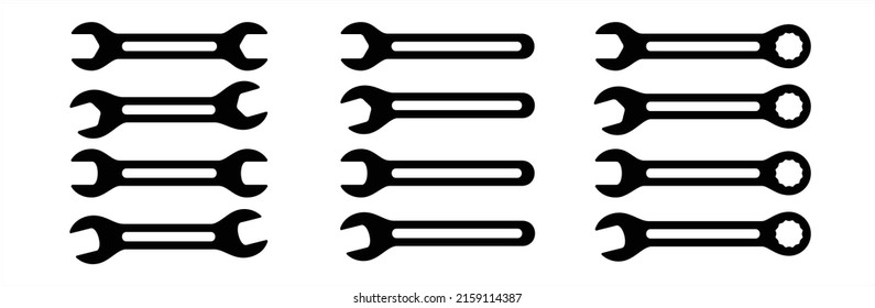 Wench icon set. Assorted wrench tool with ratchet vector icon set. Symbol and sign of hand tool, mechanic job, technical, setup, setting, construction. Vector stock silhouette illustration.