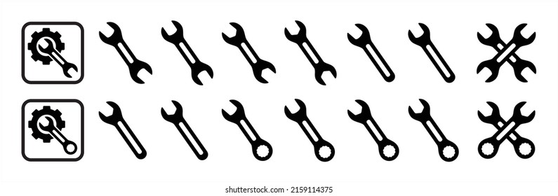 Wench icon set. Crossed wrench tool with ratchet vector icon set. Symbol and sign of mechanic job, technical, setup, setting, construction. Vector stock simple flat illustration.