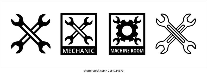 Wench Icon Set. Crossed Wrench Tool With Ratchet Vector Icon Set. Symbol And Sign Of Hand Tool, Mechanic Job, Technical, Setup, Setting, Construction, Website Builder. Vector Stock Illustration.