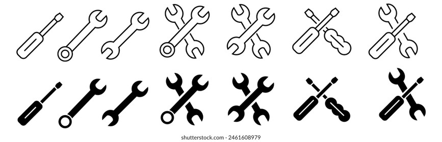 Wench icon set. Crossed wrench tool with ratchet vector icon set. Symbol and sign of mechanic job, technical, setup, setting, construction. Vector stock simple flat illustration