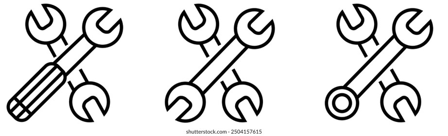 Wench icon set. Crossed wrench tool with ratchet vector icon set line art. Symbol and sign of hand tool.