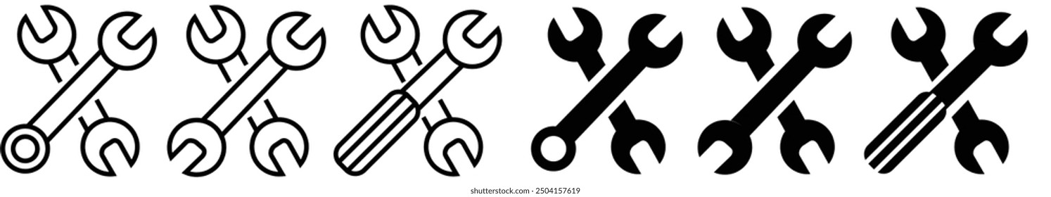 Wench icon set. Crossed wrench tool with ratchet vector icon set. Symbol and sign of hand tool, mechanic job, technical, setup, setting, construction, website builder.