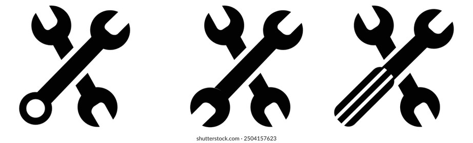 Wench icon set. Crossed wrench tool with ratchet vector icon set. Symbol and sign of hand tool.