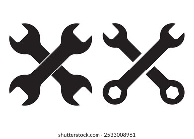 Wench icon set. Crossed wrench tool with ratchet vector icon set. Symbol and sign of mechanic job, technical, setup, setting, construction. Vector stock simple flat illustration