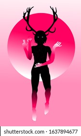 Wendigo Goddess, mythological creature with antlers and many hands. Conceptual illustration of Chthonic deity or spirit of underworld.