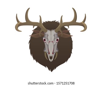 Wendigo monster head. Animal skull with deer horns fur and ears. Creature from native american folklore beliefs. Windigo mythical evil spirit for halloween or folklore school lesson. vector image