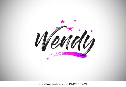 Wendy Handwritten Word Font with Vibrant Violet Purple Stars and Confetti Illustration.