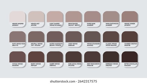 Wenge Color Palette. Wenge color Tone Swatch Chart with HEX Codes and Color Names. Rich Brown Variants. Woodgrain and Highlight Shades forest colure Palette. wood dark brown color palette design eps