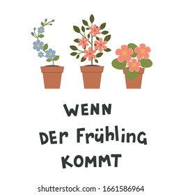 "Wenn der Frühling kommt" hand drawn vector lettering in German, in English means "When Spring comes". Deutsch inspirational quote or saying. Few blooming plants in flower pots isolated over white.