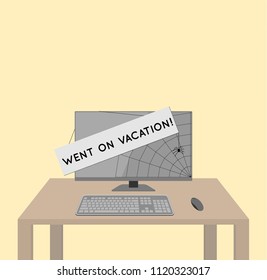 went on vacation concept, empty room with table and PC screen, keyboard and mouse