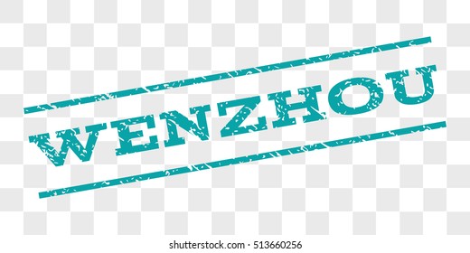 Wenzhou watermark stamp. Text tag between parallel lines with grunge design style. Rubber seal stamp with dust texture. Vector cyan color ink imprint on a chess transparent background.