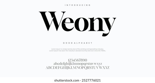 Weony Moderne abstrakte digitale Serifenschrift. Logo kreative Schriftart, Typ, Technologie, Film, digital, Musik, Film. Schriftart und Illustration im Vektorformat.