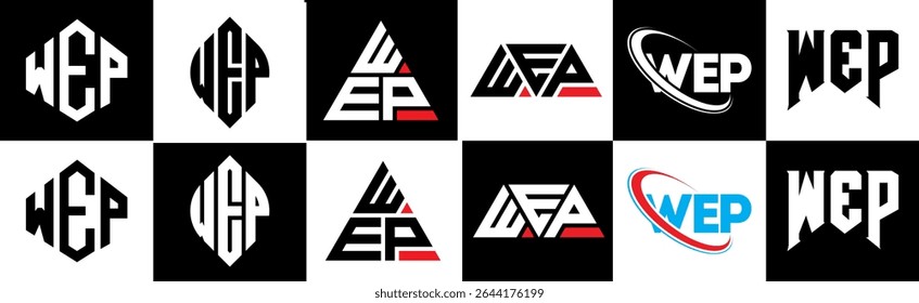 WEP letter logo design in six style. WEP polygon, circle, triangle, hexagon, flat and simple style with black and white color variation letter logo set in one artboard. WEP minimalist and classic logo