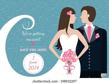 We're getting married. Save the date.The wedding invitation template with a beautiful woman and handsome man for your design. Stylized illustration of a bride holding flowers and her future husband.