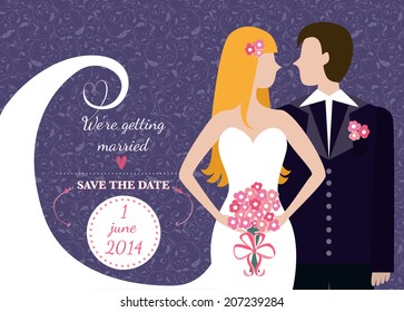 We're getting married. Save the date.The wedding invitation template with a beautiful woman and handsome man for your design. Stylized illustration of a bride holding flowers and her future husband.