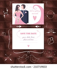 We're getting married. Save the date.The wedding invitation template with a beautiful woman for your design. Stylized illustration with a bride in a wedding dress holding flowers.