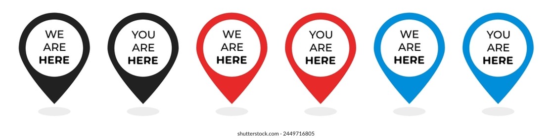 We're here location symbol set. Pin map location icons. Vector illustration.