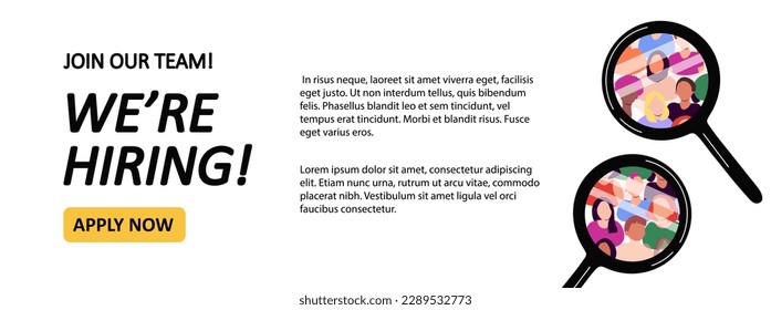 We're hiring background template with diverse people under magnifying glass. Applying for job online, recruitment concept. Copy space for text. Vector illustration