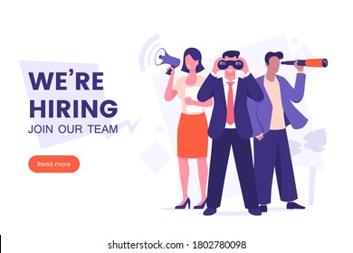 We're hiring banner design. Office workers looking for a new employee. Job offer. Join our team poster. Vacancy banner template. Recruitment process. HR team vector illustration.