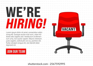 We're hiring banner with red empty chair vector illustration. Join Our Team recruitment concept. Job vacancy advertisement design.