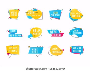 We're hiring banners. We are hiring communication poster, help wanted advertising banner with speaker and vacant badge. Job Vacancy Card Design. 