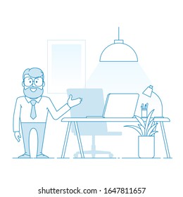 We're hiring. Character - a man with glasses and a beard invites you to work in a comfortable and modern office. Convenient workplace with laptop, lamp and potted plant. Vector Illustration