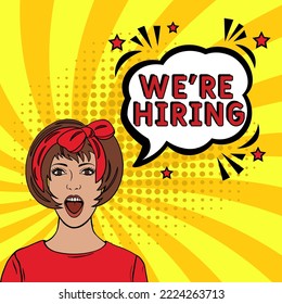 we're hiring in comic pop art style. Modern Web Banner Element. Vector Illustration.