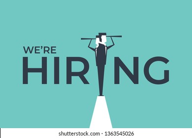 We're hiring concept with business man looking through telescope from a cliff.