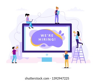 We're hiring. Concept illustrations for human resources, hiring process, vacancies, recruitment department. Vector illustration in flat style with small  people doing various tasks