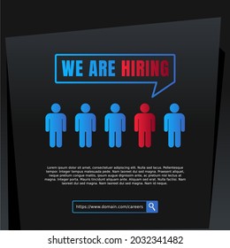 We're hiring concept. Selection people job vacancy on black background. Modern social media post template digital banner flyer or poster design.