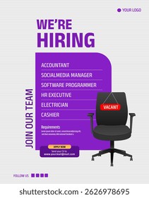 We're hiring creative concept vector illustration. Hiring creative work. open vacancy design with office chair.
