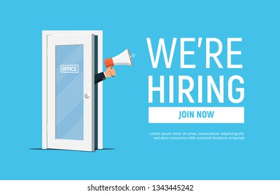 We're hiring design template business banner. Employment recruitment. Businessman holds megaphone in door of office. Open vacancy. Vector illustration in flat style.