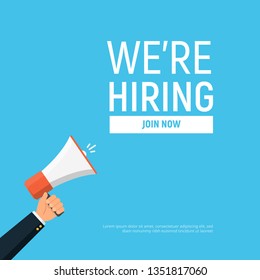 We're hiring design template business banner. Employment recruitment. Businessman holds megaphone. Open vacancy. Vector illustration in flat style.