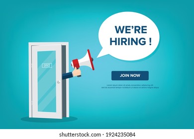 We're hiring design template business banner. Employment recruitment. Businessman holds megaphone in door of office. Open vacancy. Flat style vector illustration