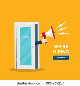 We're hiring design template business banner. Employment recruitment. Businessman holds megaphone in door of office. Open vacancy. Flat style vector illustration