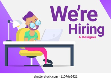 We're Hiring A Designer Ad Smiling Worker in the Office Illustration