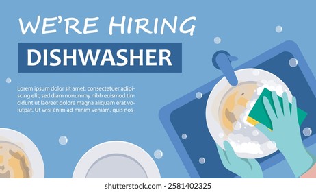 We're hiring dishwasher job vacancy landscape poster template with hands washing dirty dishes top view illustration.
